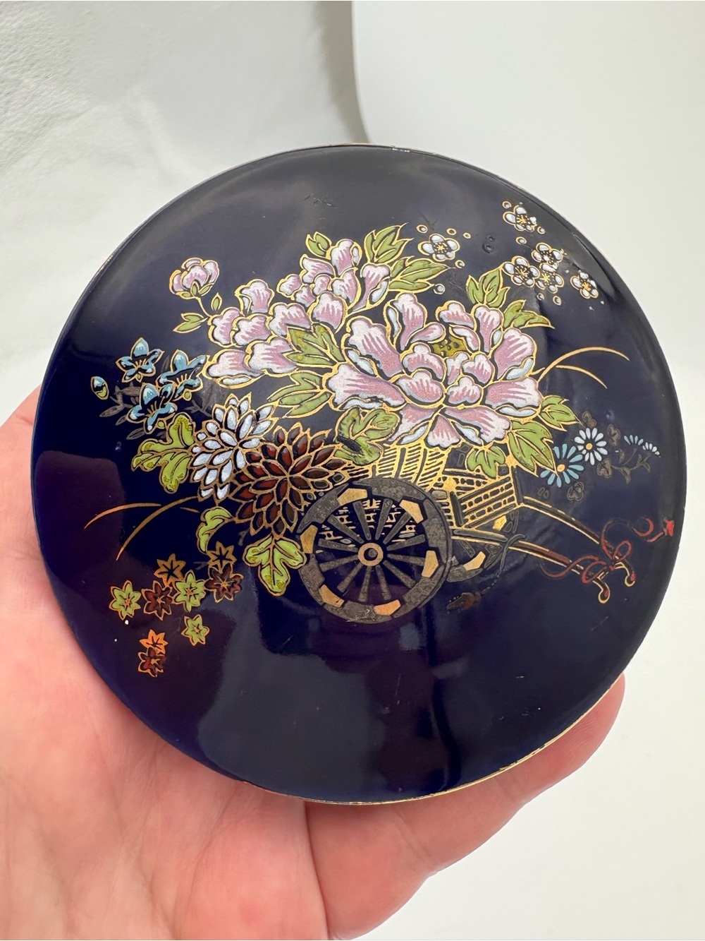 Vintage Japanese Floral Cart  Ceramic Round Box - Navy with Gold Accent